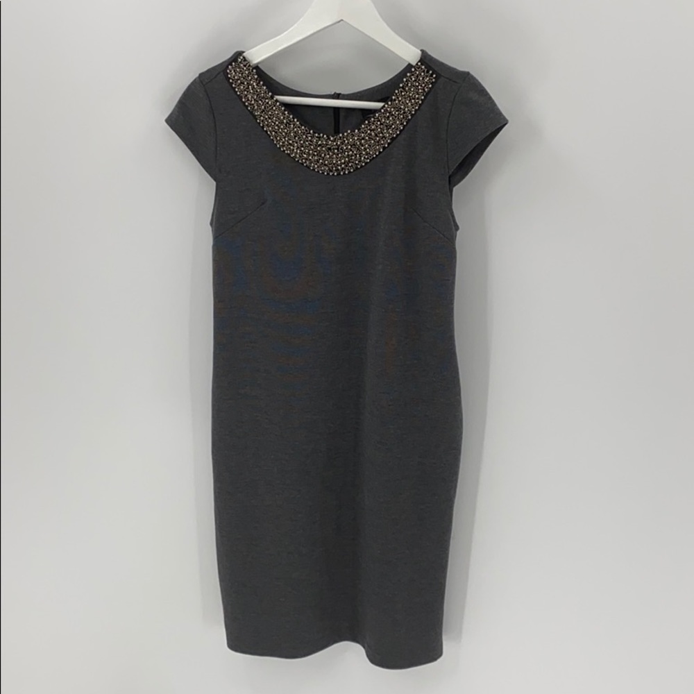 F&F gray structured sheath dress size M beaded neckline classic gray‎ M